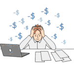 Stressed person Best Astrology Consultion With free kundli analysis A stressed person holding their head in frustration at a desk with a laptop and papers surrounded by dollar signs symbolizing financial stress