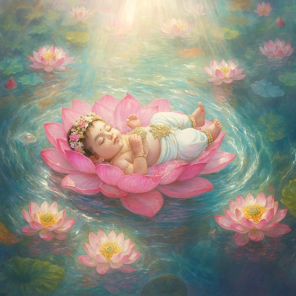 Radha ji is sleeping in lotus flower in pond