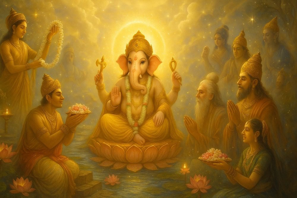 Divine painting of Lord Ganesha seated on a lotus