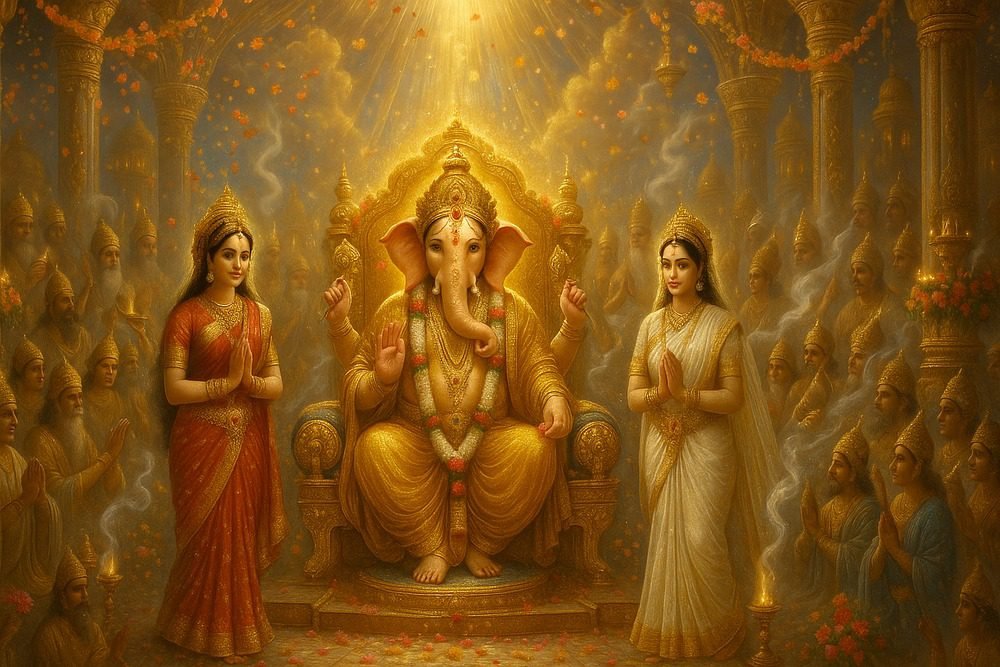Lord Ganesha seated on a golden throne with divine radiance flanked by goddesses Riddhi and Siddhi