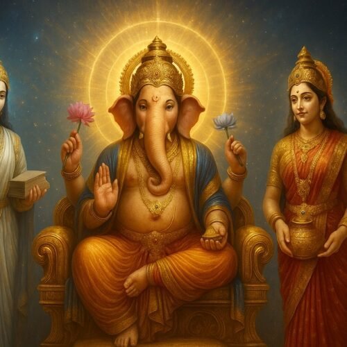 Lord Ganesha seated on a golden throne with a radiant halo, flanked by goddesses Riddhi and Siddhi holding lotus flowers.