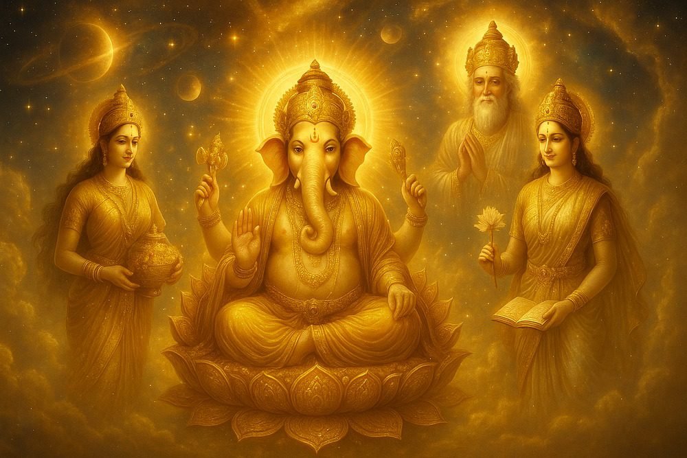 Lord Ganesha seated on a lotus with a divine golden aura