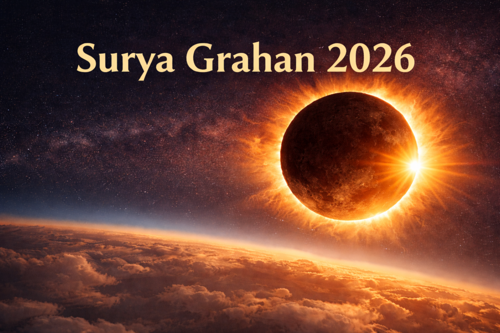 Surya Grahan 2026 total solar eclipse in space realistic HD landscape view