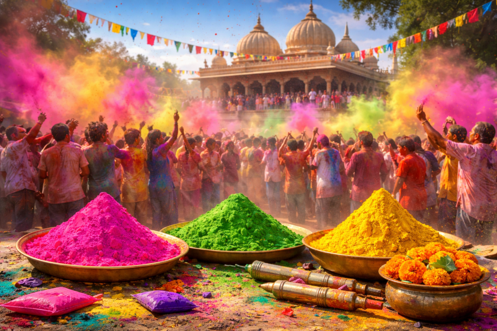 ChatGPT Image Feb 16 2026 024616 PM Best Astrology Consultion With free kundli analysis Holi 2026 date celebration with people playing colors and gulal in front of a temple in India