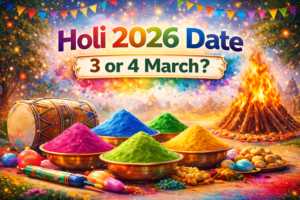 Holi 2026 Date 3 or 4 March illustration showing colorful gulal powders dhol pichkari festive decorations and Holika Dahan bonfire Best Astrology Consultion With free kundli analysis Holi 2026 Date 3 or 4 March Illustration showing colorful gulal powders dhol pichkari festive decorations and Holika Dahan bonfire