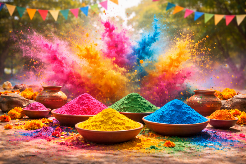 ChatGPT Image Feb 17 2026 122330 PM Best Astrology Consultion With free kundli analysis Holi 2026 colorful gulal powders in bowls with vibrant color splash during Indian festival of colors celebration